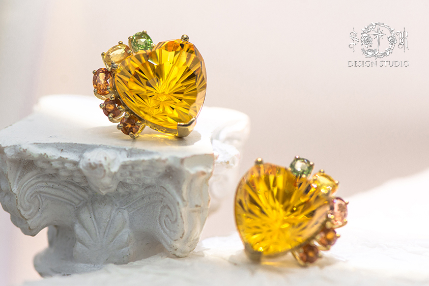 E027灿金叠韵 黄水晶配蓝宝石耳钉