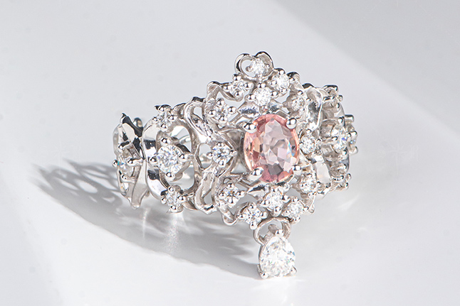 R043蕾丝华冠 重工满钻皇冠帕帕拉恰蓝宝石戒指